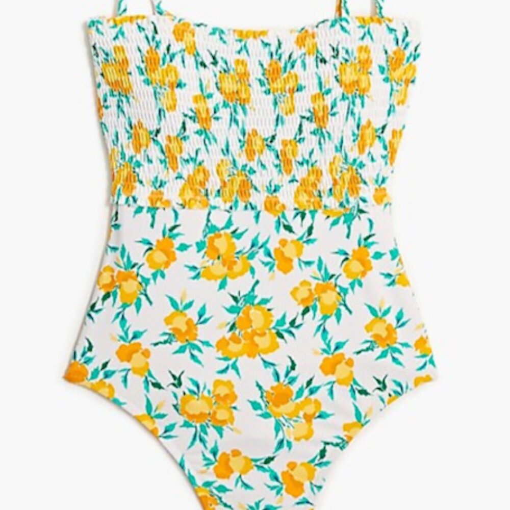 J Crew Floral Smocked one-piece swimsuit, Small, White Bold Saffron